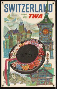 2k401 FLY TWA SWITZERLAND travel poster 1960s wonderful art of hat & buildings by David Klein!