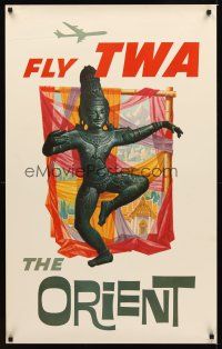2k402 FLY TWA THE ORIENT travel poster '60s cool Asian statue artwork by David Klein!