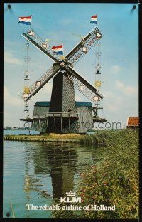 2k474 KLM THE RELIABLE AIRLINE OF HOLLAND Dutch travel poster '70s cool image of windmill & flags!