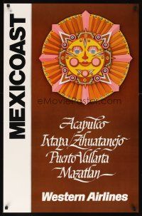 2k438 WESTERN AIRLINES MEXICOAST travel poster '80s cool art of Aztec face & destinations!