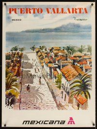 2k477 MEXICANA PUERTO VALLARTA MEXICO Mexican travel poster '60s Barrios art of village & beach!