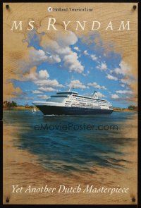 2k497 HOLLAND AMERICA LINE travel poster '94 Fretz artwork of cruise ship at sea!