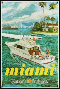 2k479 NATIONAL AIRLINES MIAMI travel poster '70s Bill Simon art of family on cabin cruiser!