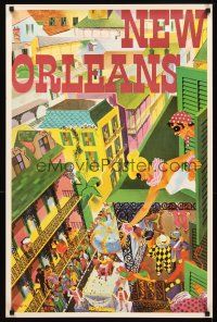 2k565 NEW ORLEANS travel poster '60s wonderful Beverdier art of Mardi Gras!
