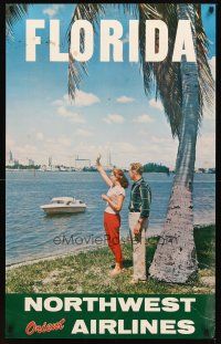 2k480 NORTHWEST ORIENT AIRLINES FLORIDA travel poster '60s cool image of couple on shore!