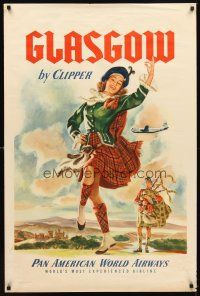 2k417 PAN AMERICAN WORLD AIRWAYS GLASGOW travel poster '51 art of Scottish girl & man w/bagpipes!