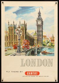 2k484 QANTAS LONDON Australian travel poster '50s really cool Rogers art of Big Ben & city!