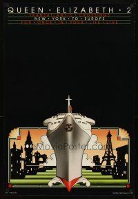 2k500 QUEEN ELIZABETH 2 travel poster '80s wonderful Olsen art of ship & cities!