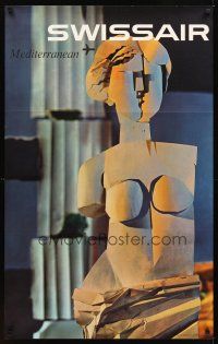 2k486 SWISS AIR MEDITERRANEAN Swiss travel poster '61 cool image of abstract statue!