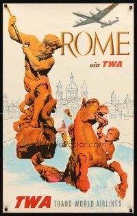 2k406 TWA ROME travel poster '50s Klein art of Constellation aircraft over city!