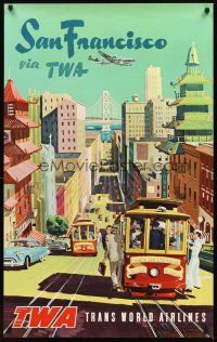 2k404 TRANS WORLD AIRLINES SAN FRANCISCO travel poster '50s TWA Constellation over cable cars!