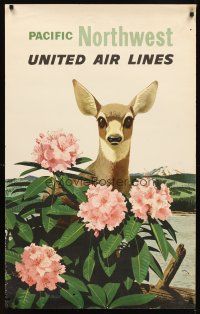 2k423 UNITED AIR LINES PACIFIC NORTHWEST travel poster '60s travel, cool art of cute deer!