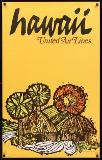 2k426 UNITED AIRLINES HAWAII travel poster '67 cool Jebary artwork of huts & palms!