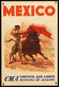 2k429 UNITED AIRLINES MEXICO Mexican travel poster '50s wonderful art of matador & bull!