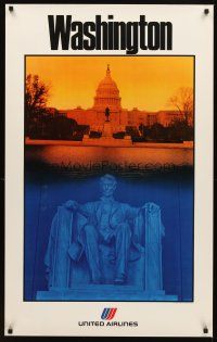 2k433 UNITED AIRLINES WASHINGTON travel poster '90s art of Lincoln Memorial & Capital!