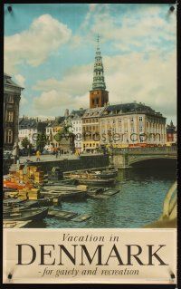 2k508 VACATION IN DENMARK Danish travel poster '57 for gaiety and recreation, cool image of town!