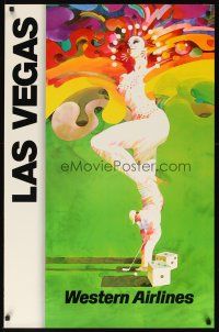 2k435 WESTERN AIRLINES LAS VEGAS travel poster '80s sexy showgirl, gambling & golf!