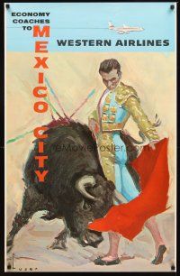 2k437 WESTERN AIRLINES MEXICO CITY travel poster '60s great Luser art of matador & bull!