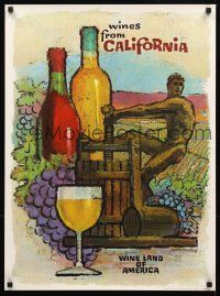 2k223 WINES FROM CALIFORNIA 21x29 advertising poster '60s cool art of man pressing grapes!