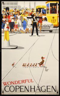 2k509 WONDERFUL COPENHAGEN Danish travel poster '61 cute Vagnby art of ducks crossing road!