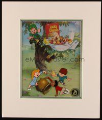 2m030 LUCKY CHARMS matted animation cel '80s General Mills TV commerical, kids & leprechaun in tree