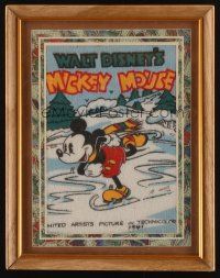 2m437 MICKEY MOUSE framed 7x9 cloth '90s great cartoon image with pie-cut eyes & ice skating!