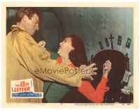 2p237 13th LETTER LC #6 '51 Otto Preminger, c/u of Linda Darnell fighting with Michael Rennie!