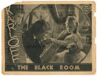 2p316 BLACK ROOM LC R40s creepy Boris Karloff kisses pretty Marian Marsh's hand by cool harp!