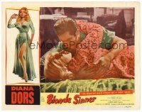 2p322 BLONDE SINNER LC '56 close up of Michael Craig kissing sexy bad girl Diana Dors on bed!