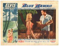 2p326 BLUE HAWAII LC #1 '61 Elvis Presley holding firewood talks to sexy Jenny Maxwell on the beach!