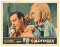 2p537 GOLDFINGER LC #2 '64 c/u of sexy Shirley Eaton behind Sean Connery as James Bond on phone!