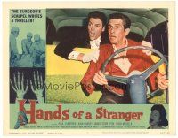 2p558 HANDS OF A STRANGER LC #1 '62 c/u of 2 guys in car, the surgeon's scalpel writes a thriller!