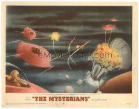 2p732 MYSTERIANS LC #8 '59 cool artwork of alien spaceships destroying satellite!
