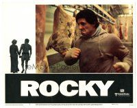 2p831 ROCKY LC #5 '77 close up of Sylvester Stallone pounding sides of beef in freezer!