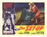 2p861 SET-UP LC #7 '49 Audrey Totter holds boxer Robert Ryan beaten outside of the ring!