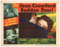 2p910 SUDDEN FEAR LC #3 '52 great close up of terrified Joan Crawford behind shoulder!