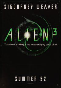 2t046 ALIEN 3 teaser 1sh '92 Sigourney Weaver, hiding in the most terrifying place of all!