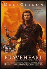 2t115 BRAVEHEART advance 1sh '95 Mel Gibson as William Wallace & Sophie Marceau!