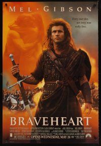 2t116 BRAVEHEART advance DS 1sh '95 Mel Gibson as William Wallace & Sophie Marceau!