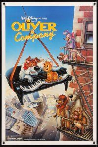 2t511 OLIVER & COMPANY 1sh '88 great image of Walt Disney cats & dogs in New York City!