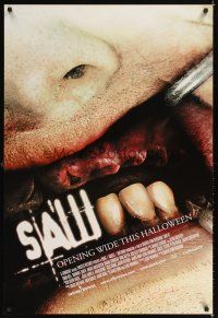 2t602 SAW III advance DS 1sh '06 Tobin Bell as Jigsaw, gross image of teeth, opening wide!