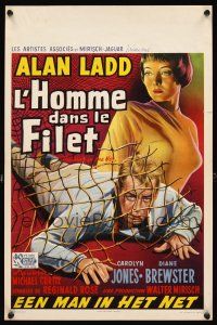 2r598 MAN IN THE NET Belgian '59 art of Alan Ladd caught in a net, Carolyn Jones!