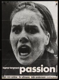 2r713 PASSION Danish '69 Ingmar Bergman's En Passion, close-up of terrified Liv Ullmann!