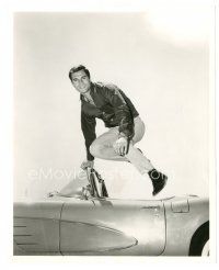 2s751 ROUTE 66 TV 8x10 still '62 great image of George Maharis leaping from cool Chevy Corvette!