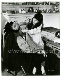 2s775 SECRET CEREMONY 7.5x9.5 still '68 Mia Farrow cuts Robert Mitchum's beard, Joseph Losey!