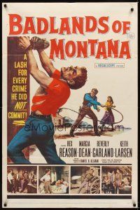 2w077 BADLANDS OF MONTANA 1sh '57 artwork of Rex Reason whipped for crimes he did not commit!