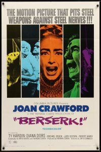 2w099 BERSERK 1sh '67 crazy Joan Crawford, sexy Diana Dors, pits steel weapons vs steel nerves!