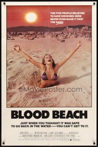 2w125 BLOOD BEACH 1sh '80 classic Jaws parody image of sexy girl in bikini sinking in quicksand!
