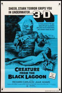 2w233 CREATURE FROM THE BLACK LAGOON 1sh R72 3-D, great art of monster attacking sexy Julie Adams!