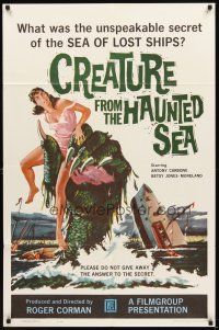 2w234 CREATURE FROM THE HAUNTED SEA 1sh '61 art of huge sea monster's hand grabbing sexy girl!